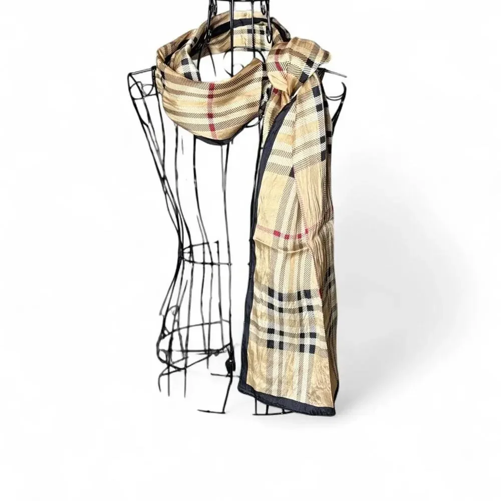 Vintage House Check Silk Blend Lightweight Scarf Beige Plaid. No tags